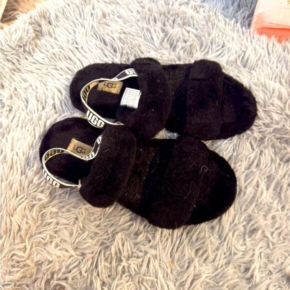 Ugg Fluff Slide Sandals BLACK Belted Ankle Slippers Sz 6 - Picture 3 of 6